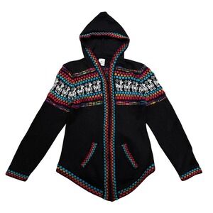 Indian Crafts Alpaca Wool Llama Hoodie Sweater Peruvian Knit Zip Up Black S/M